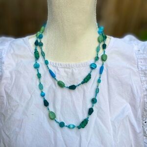 Blue Beaded Bead Necklace Long Double Strand Glass Rock Lamp Seed Teal Green
